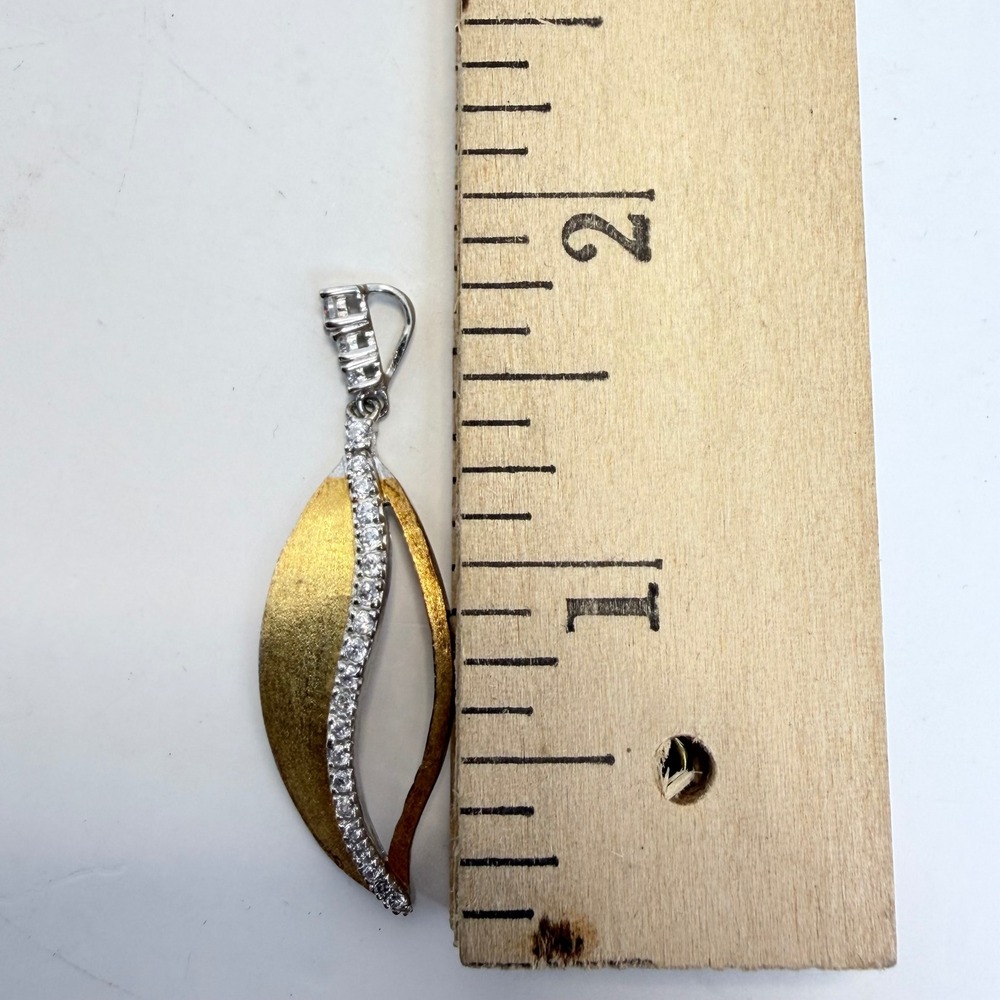 925 Sterling Silver Two Tone Gold Leaf Pendant Cubic Zirconia Marquise 1.5 Inch - Picture 4 of 4